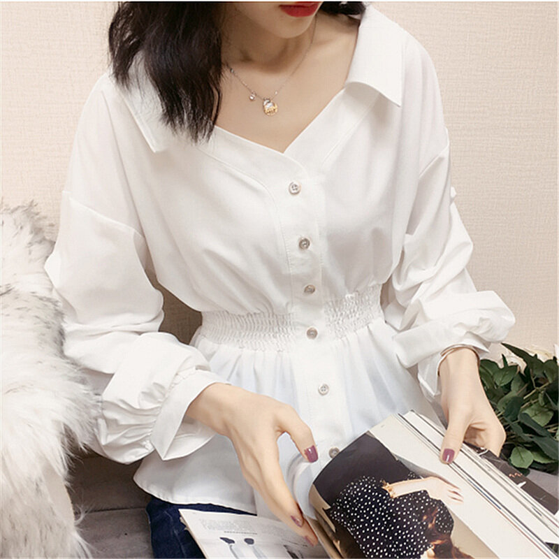 Chikichi 2021 ربيع وخريف جديد الكورية نمط موضة الخصر الخامس الرقبة التخسيس البطن كومة الأكمام مخطط زر قميص المرأة #4