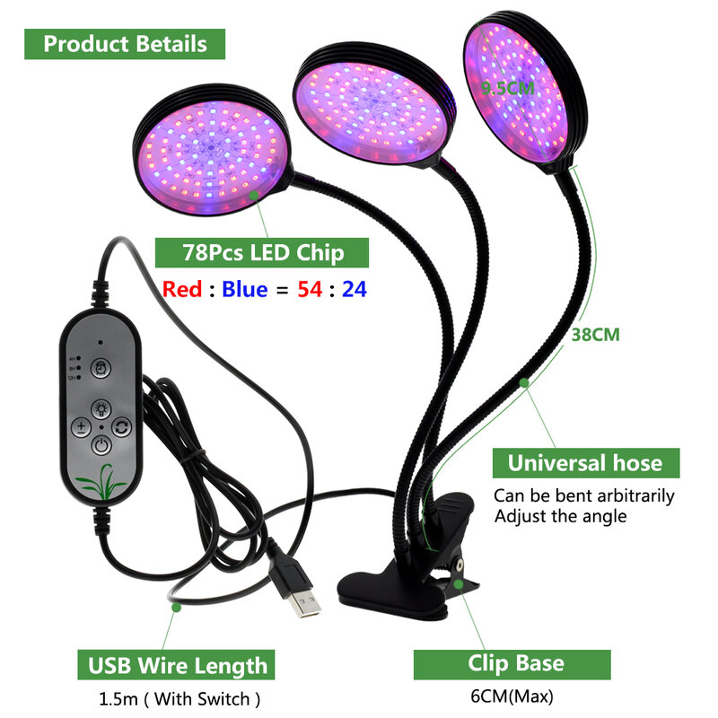 الطيف الكامل phytolamp DC5V USB LED تنمو ضوء مع الموقت سطح المكتب كليب مصابيح فيتو للنباتات الزهور تنمو صندوق