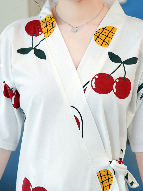 Kimono Style Nightgown Women's Middle Length Lovely Nightdress Summer Thin Style Bathrobe Cotton Short Sleeve Morning Robe