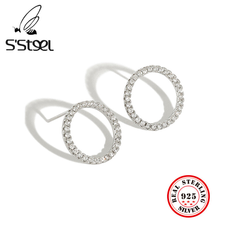 S'STEEL-أقراط هندسية من الزركونيا للنساء ، أقراط مستديرة ، مجوهرات من الفضة الإسترليني عيار 925