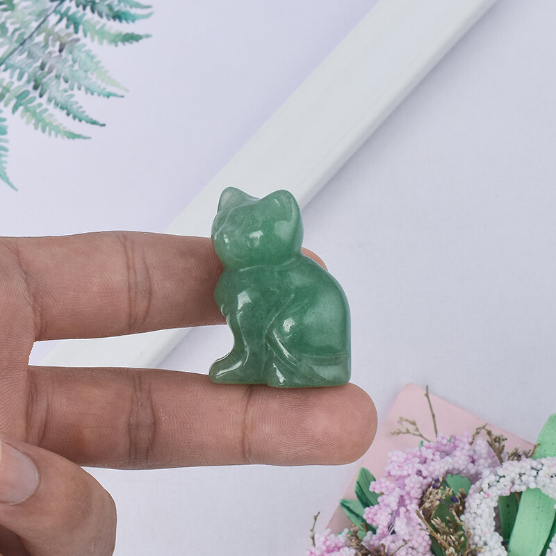 الأحجار الكريمة الطبيعية الخضراء القط التماثيل الحيوانات الصغيرة الحرفية منحوتة تمثال للأطفال ديكور المنزل المعدنية شفاء بلورات الكوارتز