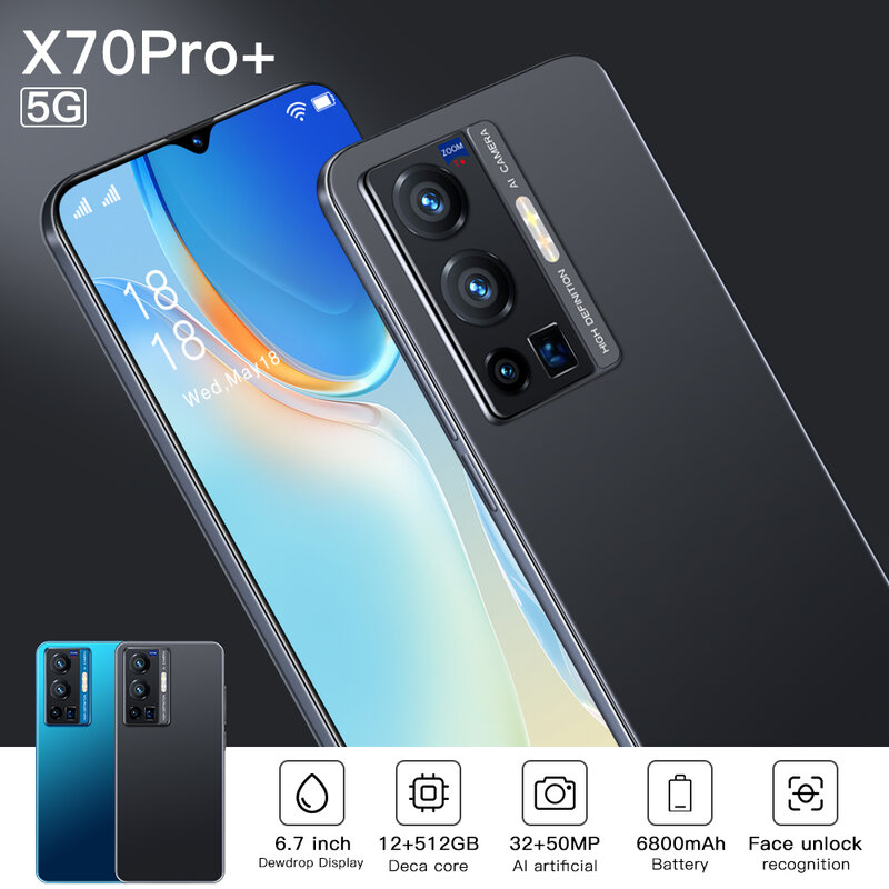 الأصلي العلامة التجارية الجديدة X70 برو + زائد Snapdragon 810 5G الذكية عالية الوضوح كامل صالح قطرة الماء شاشة الهاتف المحمول 6.7 بوصة