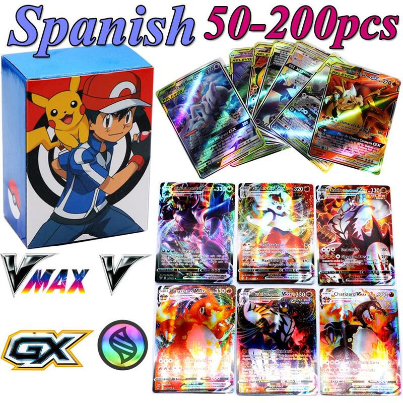 50-200 قطعة بطاقات البوكيمون في الاسبانية العلامة فريق GX VMAX الخامس المدرب الطاقة مشرقة أوراق للعب Castellano كارتاس لعبة البوكيمون الاسبول