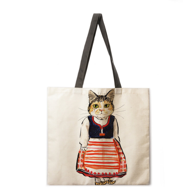 النمط الياباني التوضيح القط فتاة طباعة حقيبة يد سيدة حقيبة كتان حقيبة كتف سيدة في الهواء الطلق حقيبة يد طوي حقيبة تسوق