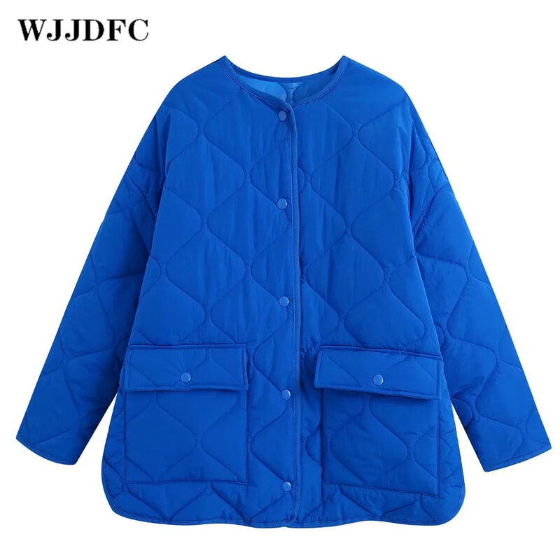 WJJDFC سترة دافئة المرأة الخريف/الشتاء سترة زر الرجعية موضة طويلة الأكمام سترة جيب الأزرق سترة غير رسمية المتضخم سترة