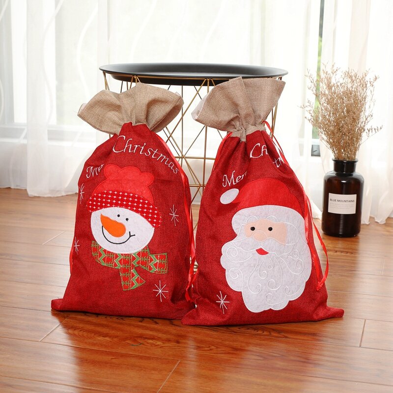 2 قطعة الكتان الأحمر عيد الميلاد الحلوى حقائب للهدايا شحن الرباط حقيبة ديكورات المنزل سانتا كيس