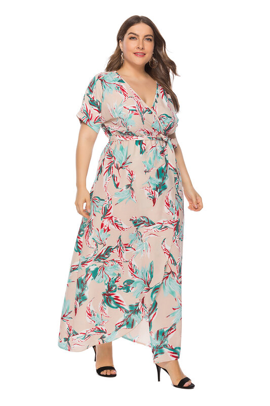 حجم كبير فستان زهري مع شق 2021 الخامس الرقبة قصيرة الأكمام طباعة حفلة أنيقة ضئيلة عالية الخصر الزهور حجم كبير بوهو فستان الشاطئ