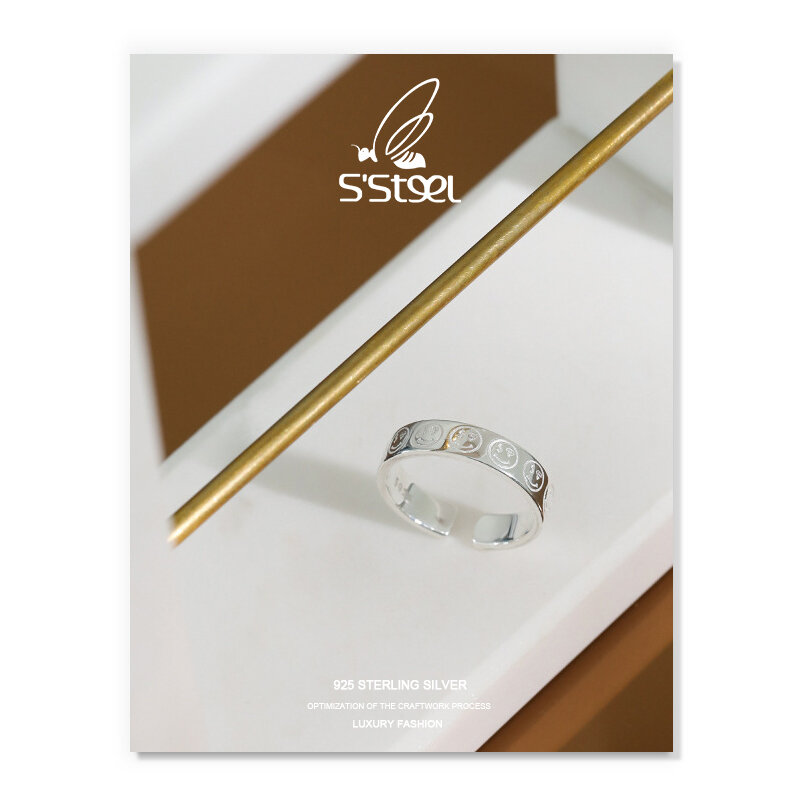 خواتم S'STEEL من الفضة الإسترليني عيار 925 للنساء بتصميم وجه مبتسم كوري خاتم مفتوح Joyas De Plata 925 مجوهرات فاخرة