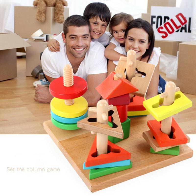 5 أعمدة خشبية عالية الجودة للأطفال ، مكعبات بناء ملونة ، لعبة أطفال ، أشكال هندسية ، لعبة بناء معرفية