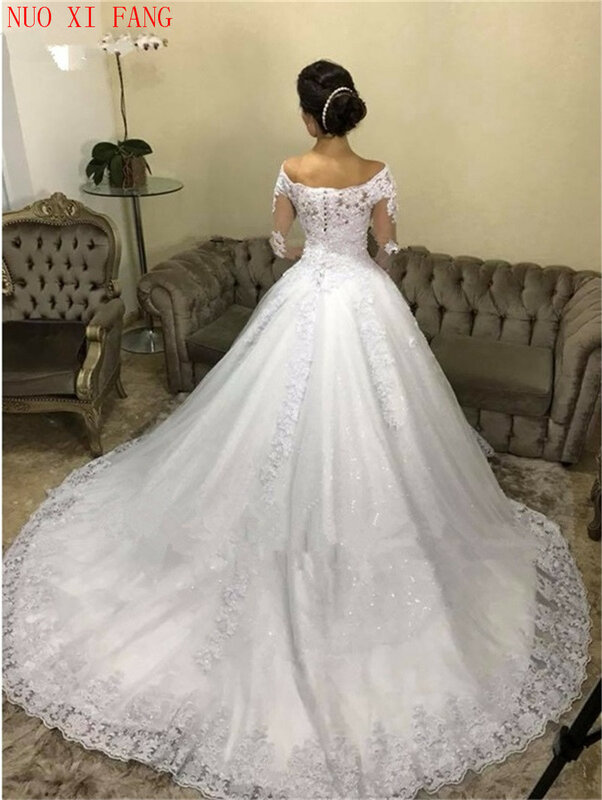 Nuoxfang-فستان زفاف من الدانتيل ، أكتاف عارية ، أكمام طويلة ، 2020