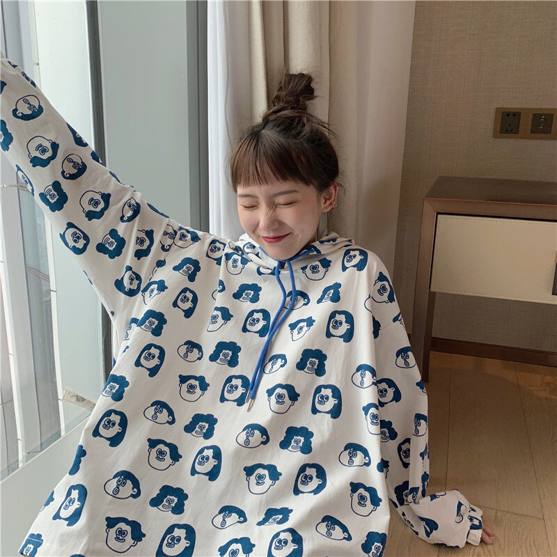 اليابان نمط Hoodie هوديي المرأة Harajuku الكورية طالب وجه الإنسان طباعة قمصان سويت شيرت بقلنسوة مجمع زائد الكشمير القطن الخالص