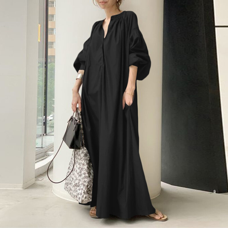 خريف 2021 فستان موضة نساء فانوس كم الخامس الرقبة قميص فستان ياباني السيدات المعتاد حقيبة سوينغ أسود فضفاض بلوزة كاجوال
