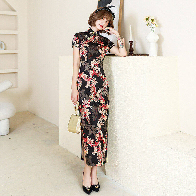 طويل شيونغسام سليم Slik خمر فستان طويل الصينية التقليدية ازياء الصيف فساتين 4XL 8 ألوان