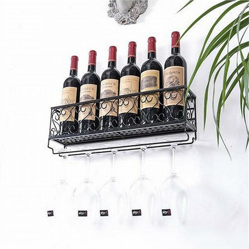 رف زجاجة نبيذ معدني مع حامل زجاجات ، رف تخزين مثبت على الحائط لتخزين الأواني الزجاجية ، ملحقات تزيين المطبخ والبار