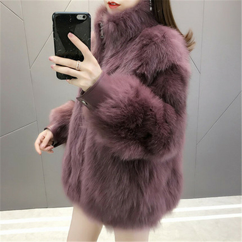 2019 جديد الوقوف طوق السيدات الثعلب الفراء معطف كبير الحجم موضة قصيرة الجلود الفراء معطف الإناث 873