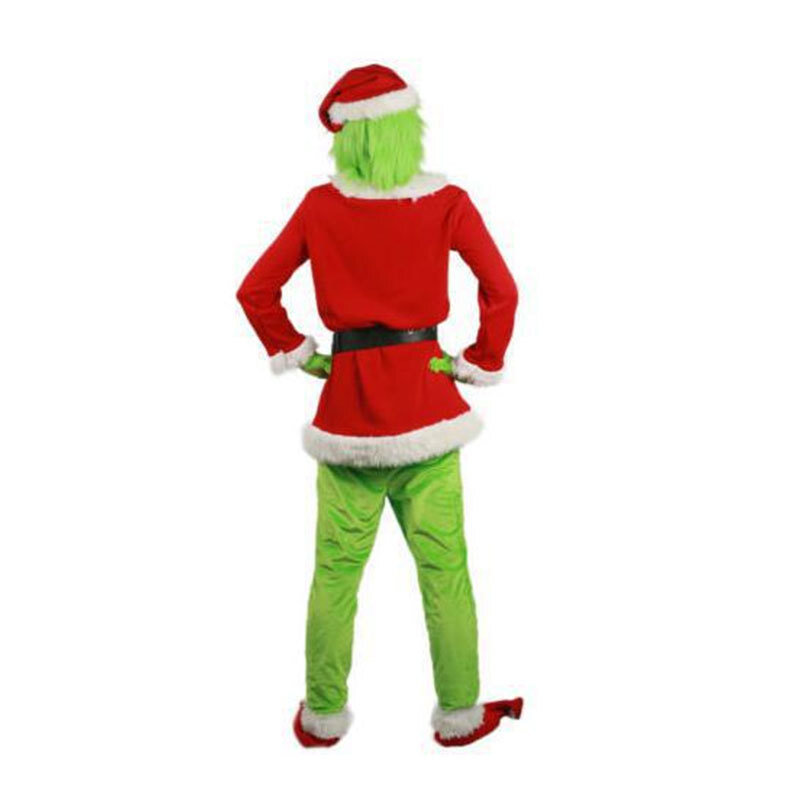 Grinch ازياء للبالغين عيد الميلاد الأخضر الفراء الوحش تأثيري حلي سانتا ملابس عيد الميلاد مع قناع الدعائم