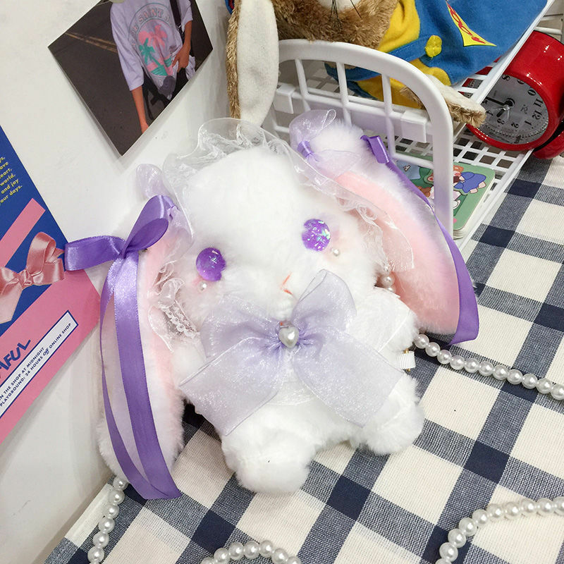 Kawaii لوليتا طويل الأذن أرنب حقيبة مع شريط اللؤلؤ اليابانية حقيبة كروسبودي زائد Harajuku حقيبة