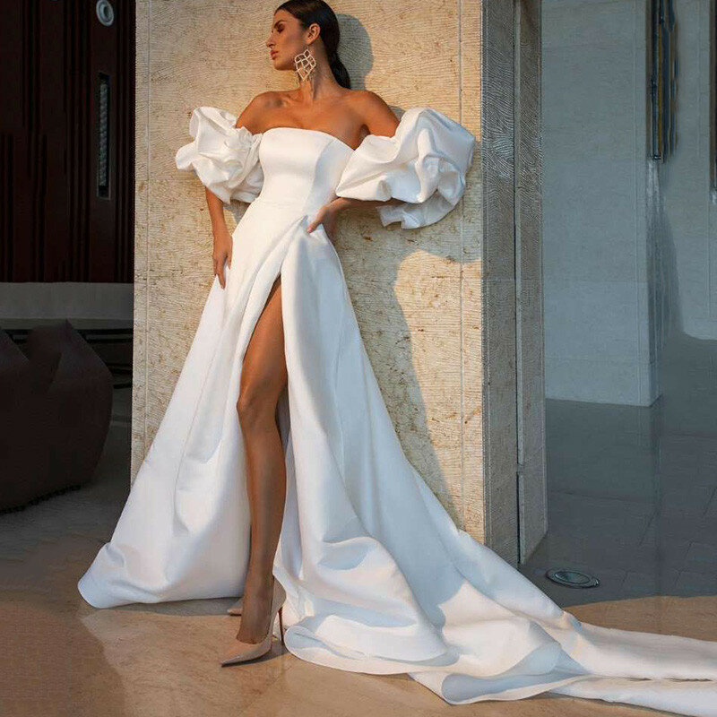 فستان زفاف من الساتان الأبيض ، أكمام منتفخة ، مثير ، بدون حمالات ، شق على الجانب ، موضة 2021