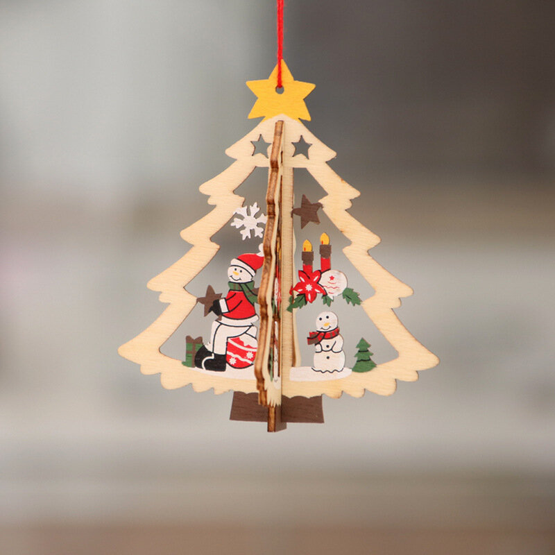 زينة عيد الميلاد الخشبية جوفاء شجرة عيد الميلاد قلادة خشبية ندفة الثلج جرس قلادة هدية