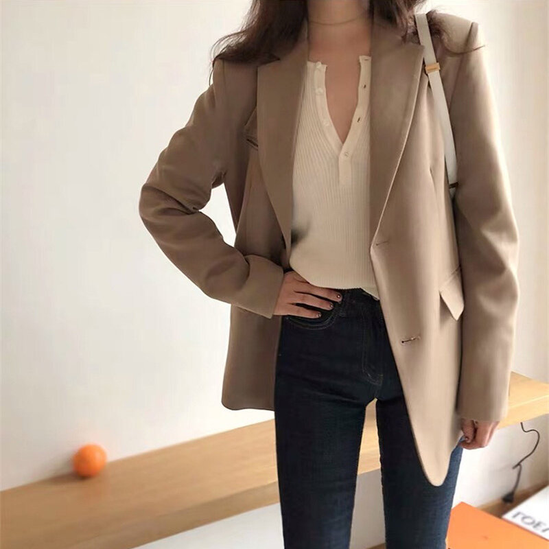 ربيع جديد سترة الموضة المرأة جيوب عادية كم طويل بدلة عمل معطف مكتب سيدة الصلبة سليم بليزرز 2020 مكتب سيدة