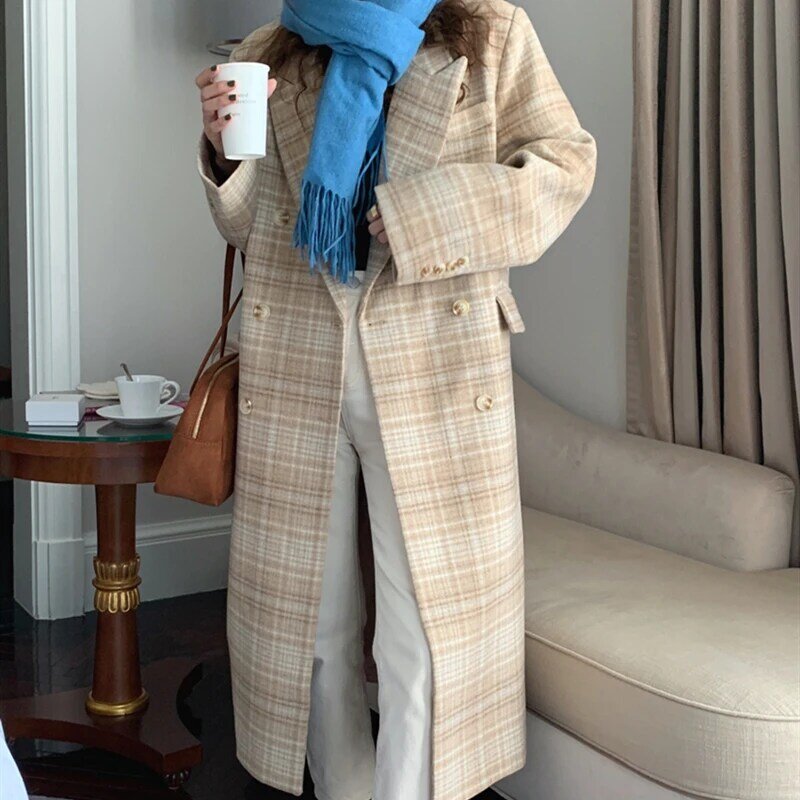 المرأة الكلاسيكية منقوشة طويلة السترة مزدوجة الصدر Vintage معطف الفرنسية مكتب سيدة التلبيب أبلى غير رسمية الخريف الشتاء الدافئة الملابس