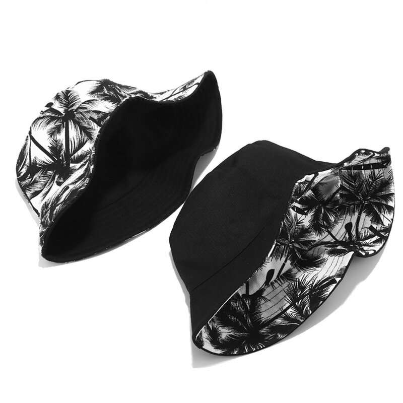 قبعات صيفية جديدة للجنسين بتصميم عكسي باللونين الأسود والأبيض لشجرة جوز الهند مطبوعة قبعات دلو للرجال والنساء