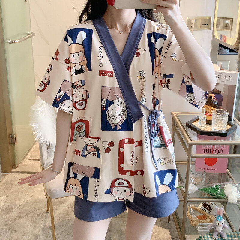 كيمونو منامة لطيف Kawaii اليابانية ملابس خاصة Homesuit الكرتون الصيف ملابس النوم القطن بيجامة 2021 موضة جديدة الدب طباعة Mujer