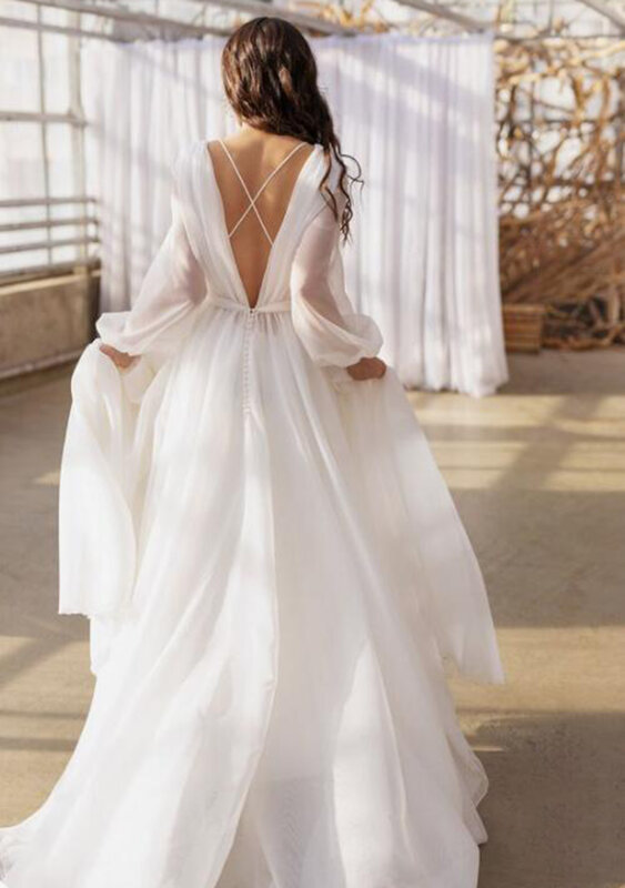 SoDigne فستان زفاف حديث بأكمام طويلة ورقبة سكوب دبي الأورجانزا فستان الزفاف الخامس الظهر فستان الزفاف