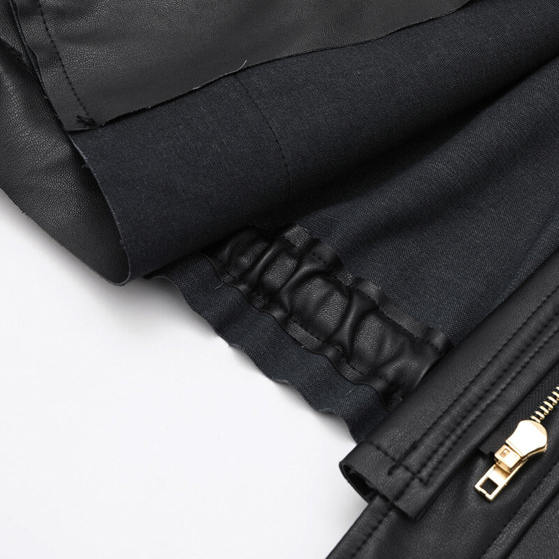 الكورية الأسود نسخة فضفاضة ضئيلة الوقوف طوق سترة جلدية المرأة قصيرة 2021 ربيع الموضة الجديدة الرباط حزام بولي Coat معطف