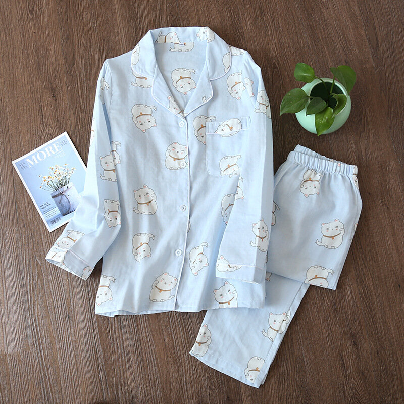 اليابانية الصيف النساء منامة مجموعة قميص قطني بكم طويل مجموعة منامة الربيع والخريف الشاش مريحة جميلة رقيقة المنزل الملابس