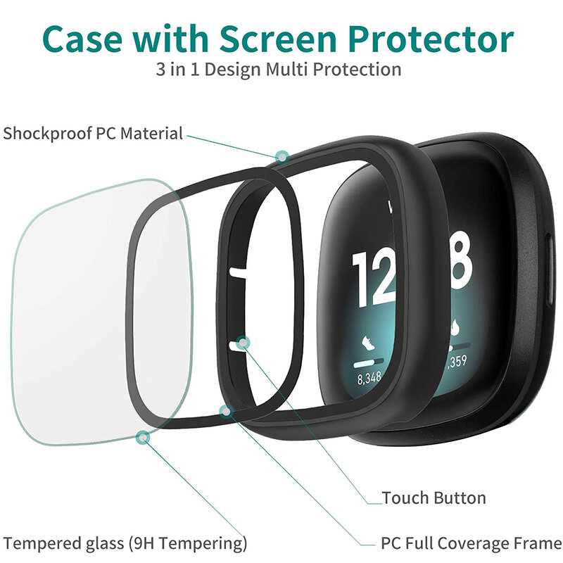 واقي للشاشة زجاجي فائق النحافة متوافق مع حافظة واقية من Fitbit Versa 3/Sense غطاء حماية كامل من جميع الجوانب