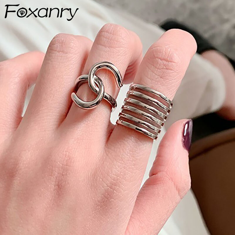 Foxanry INS-خواتم خطوبة من الفضة الإسترليني عيار 925 للنساء ، مجوهرات هندسية بسيطة ، للأزواج