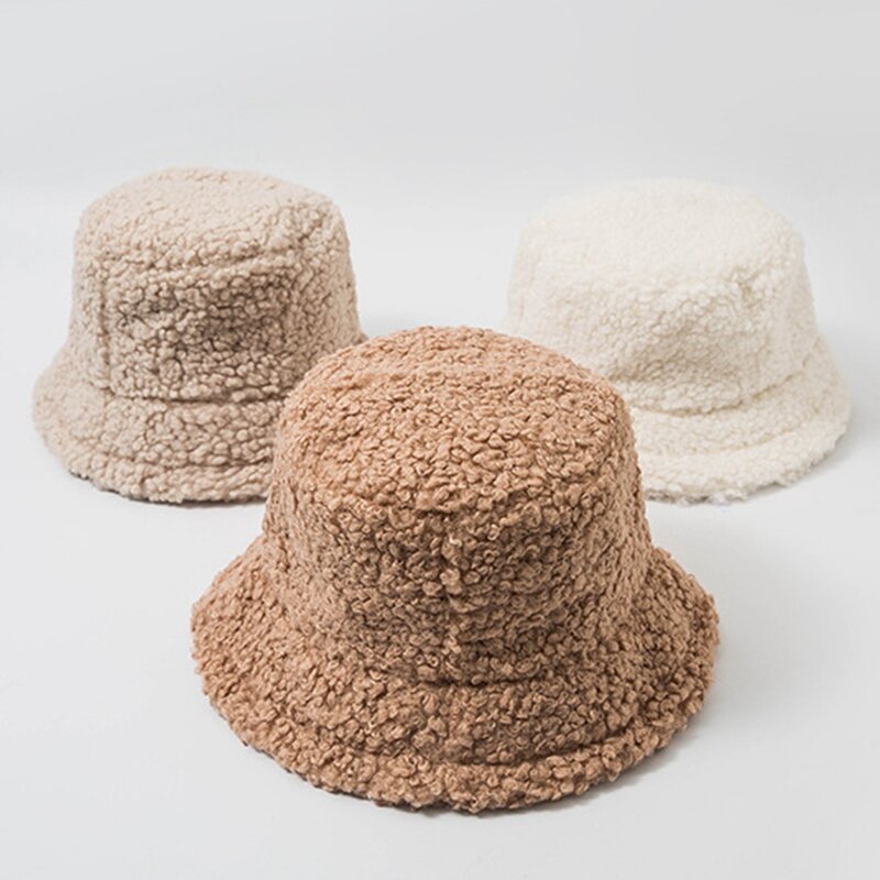 2021 جديد القبعات للنساء الخريف الشتاء دلو القبعات Lamb أفخم لينة الدافئة صياد قبعة بنما قبعات عادية سيدة شقة الكورية نمط