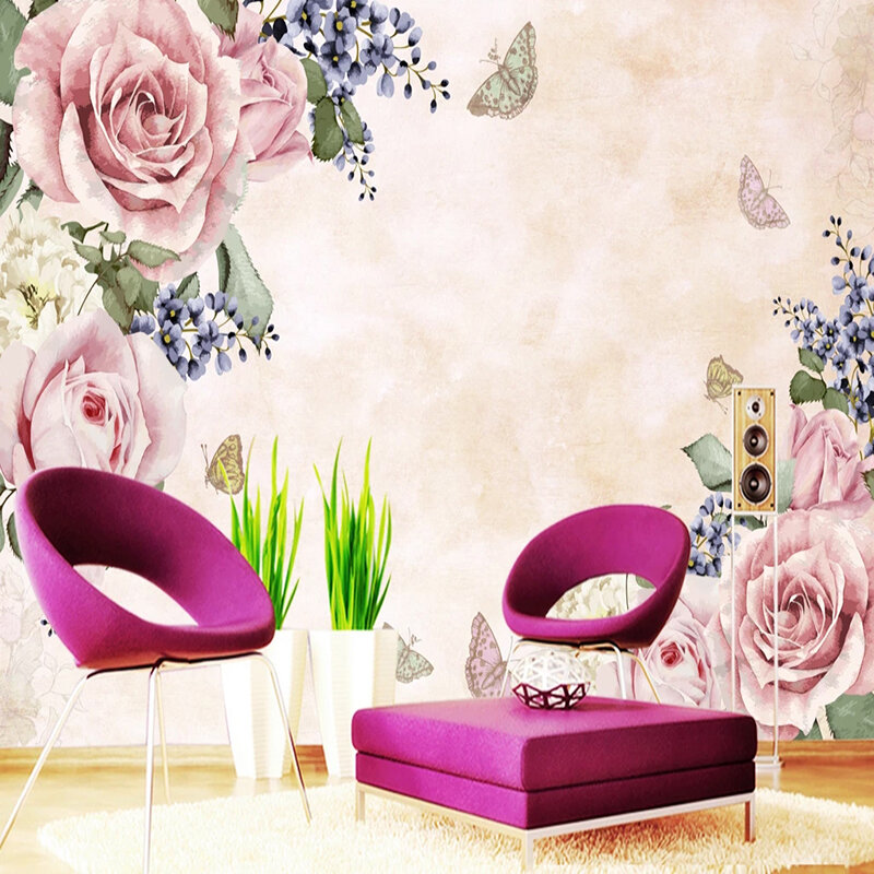 ورق حائط ثلاثي الأبعاد حديث بسيط مرسومة باليد زهور وردية جدارية لغرفة المعيشة أريكة تلفزيون غرفة نوم ديكور منزلي رومانسي طلاء جدران جدارية #4