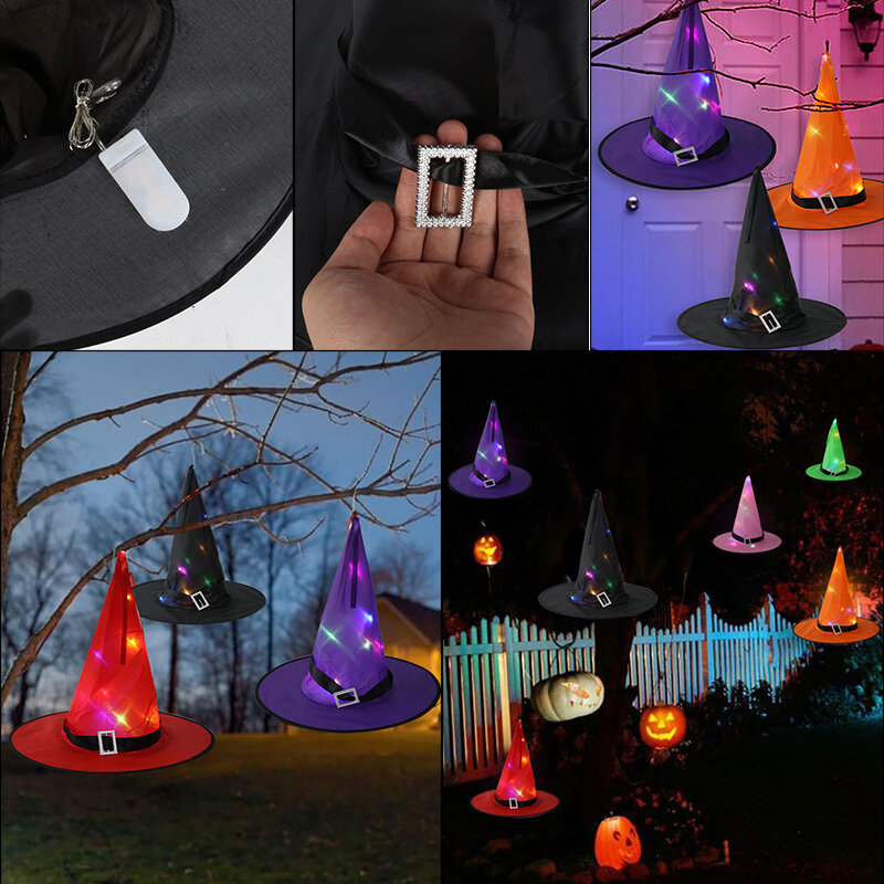 1 قطعة هالوين قبعة ساحرة مع LED ضوء متوهجة الساحرات قبعة شنقا هالوين ديكور تعليق شجرة حديقة متوهجة قبعة للأطفال