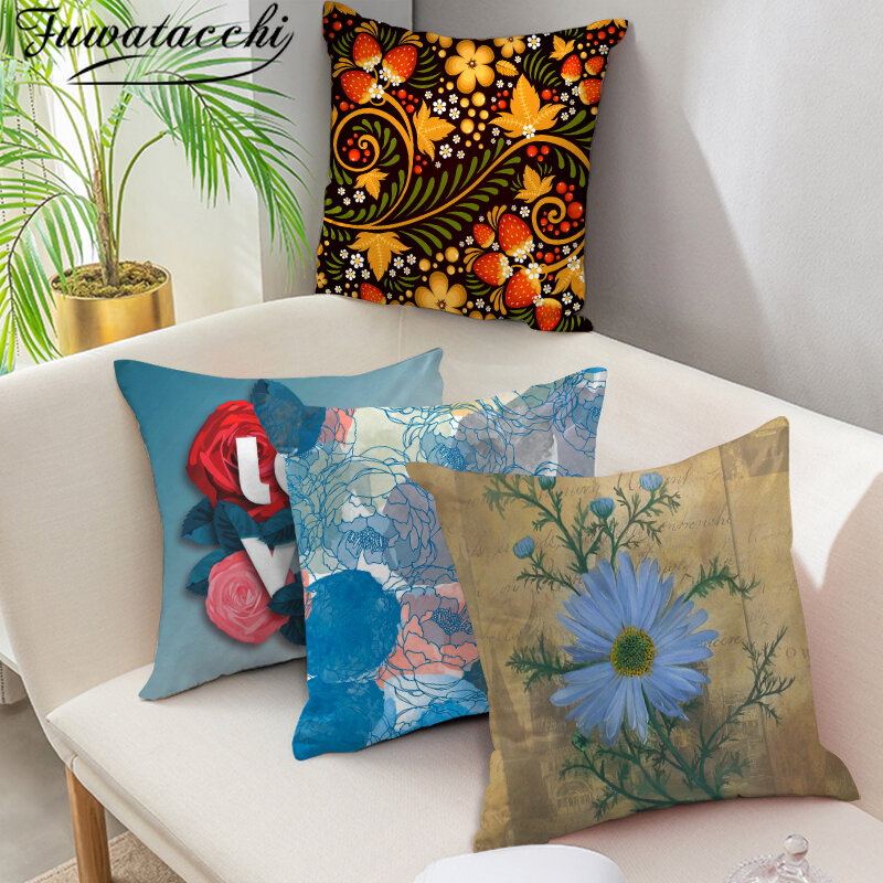 Fuwatacchi-غطاء وسادة مطبوع بالزهور الروسية ، غطاء وسادة من البوليستر للمنزل أو الأريكة ، 45 × 45 سنتيمتر