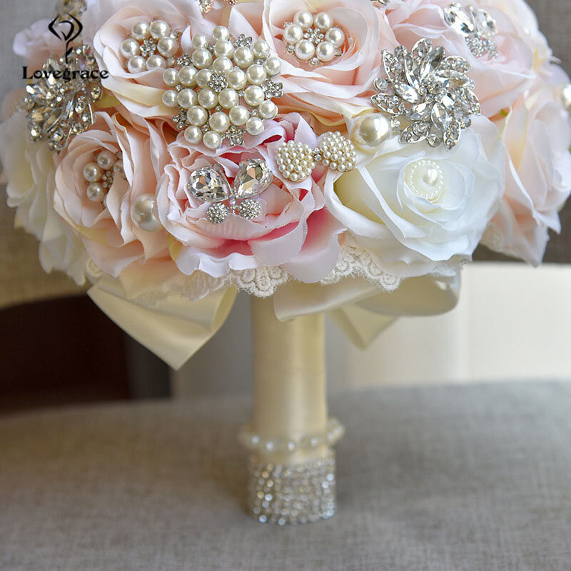 Lovegrace-باقة من الورود الاصطناعية لوصيفات العروس ، زهور اصطناعية فاخرة من الحرير الوردي واللؤلؤ الكريستالي ، للزفاف