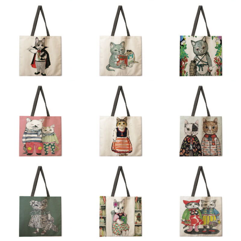 النمط الياباني التوضيح القط فتاة طباعة حقيبة يد سيدة حقيبة كتان حقيبة كتف سيدة في الهواء الطلق حقيبة يد طوي حقيبة تسوق