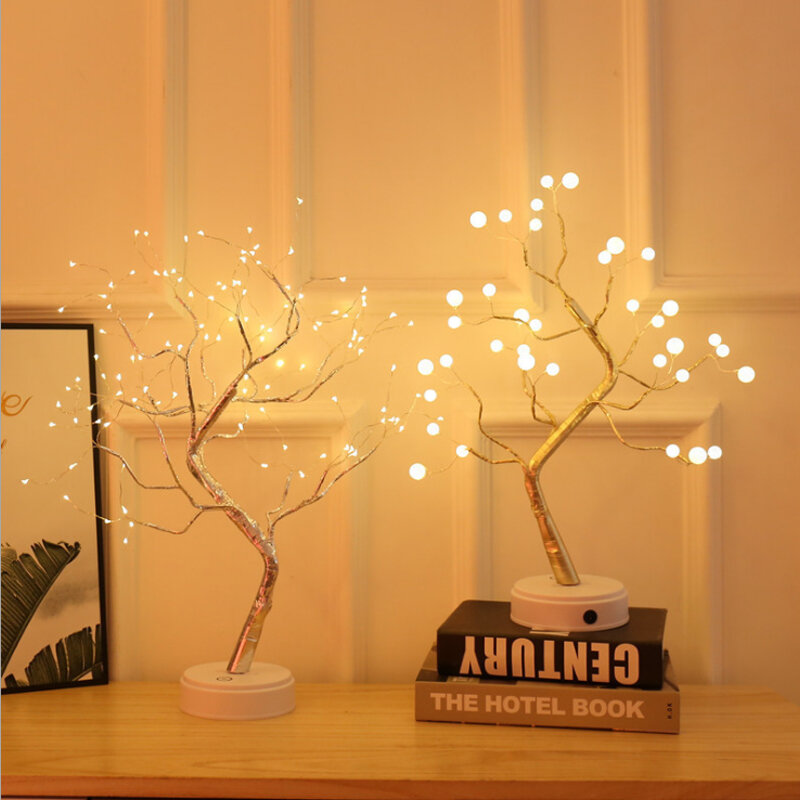 LED الأسلاك النحاسية شجرة شكل ليلة مع مفتاح مستشعر باللمس الديكور بطارية USB Led الجدول مصباح مصباح الطاولة