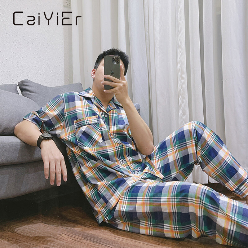 CAIYIER 2021 الصيف Homewear الرجال القطن منامة قصيرة الأكمام ملابس خاصة منقوشة طباعة الأولاد عادية فضفاض القطن ملابس نوم L-3XL
