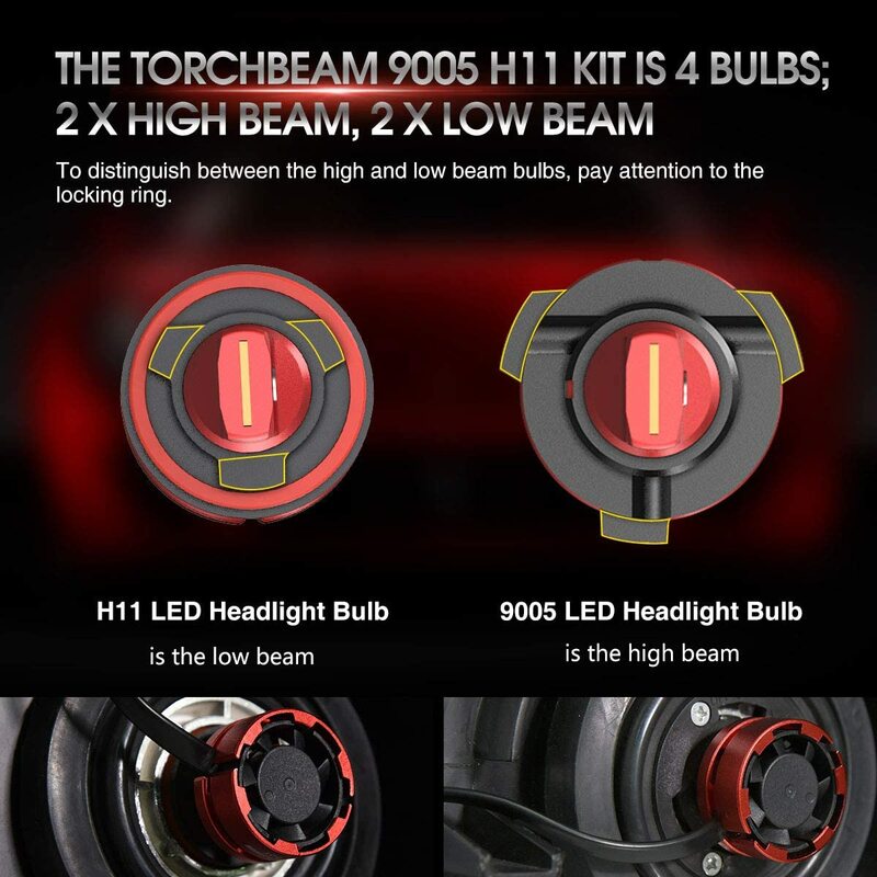 Torchbeam 4 قطعة 9005 و H11 LED المصباح لمبة عدة عالية شعاع شعاع منخفض 6500K كول الأبيض 200% سطوع المدمجة استبدال المصابيح