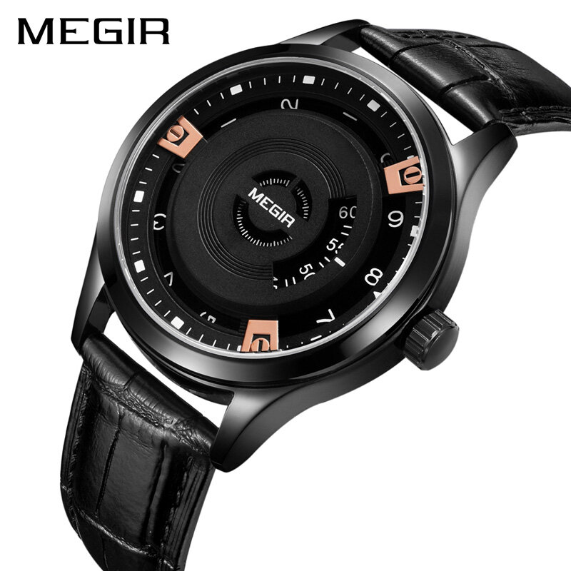MEGIR موضة جديدة عادية شخصية غير مؤشر ساعة رياضية للرجال الأسود الأعمال الاتجاه ساعة كوارتز Relogio Masculino 1067