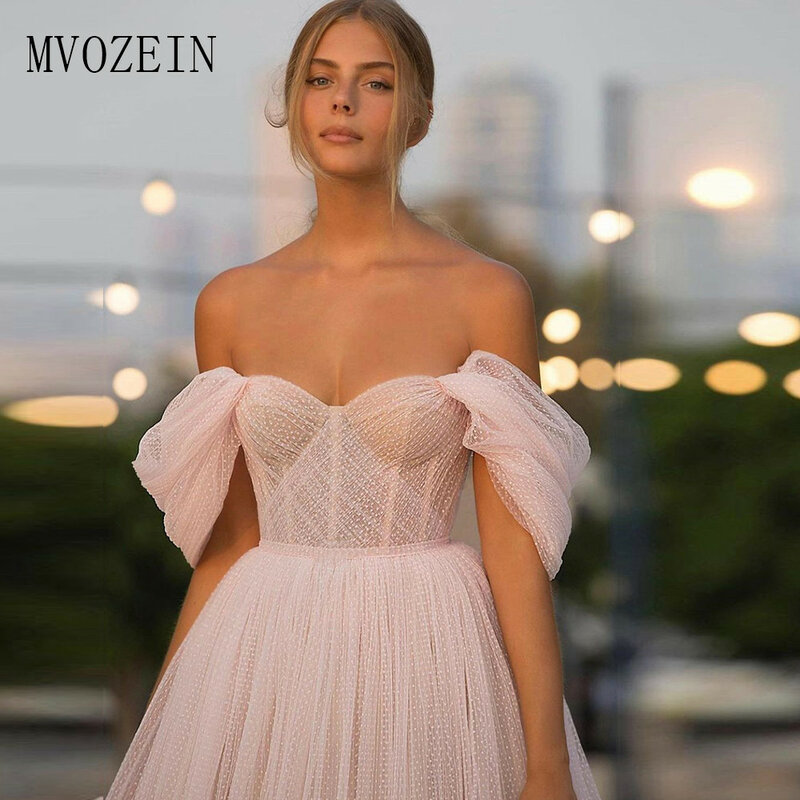 Mvozein-فستان سهرة قصير مكشوف الكتفين ، طول الكاحل ، تول منتفخ ، مطوي