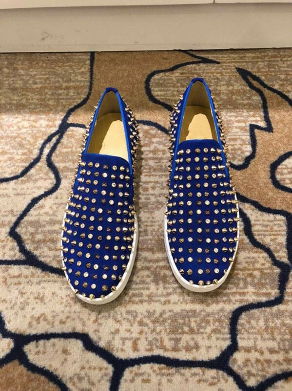 أحذية مصممين فاخرة المسامير الأحمر أسفل الأحذية ل حذاء رجالي جلد طبيعي الأزرق الانزلاق على الأحذية الإيطالية vip رجل حذاء كاجوال