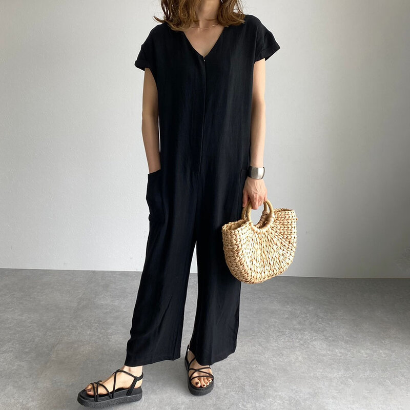 النمط الياباني البساطة الموضة بلون الخامس الرقبة الصيف المرأة السروال القصير فضفاضة جيب غير رسمي 2021 مكتب سيدة الملابس جديد
