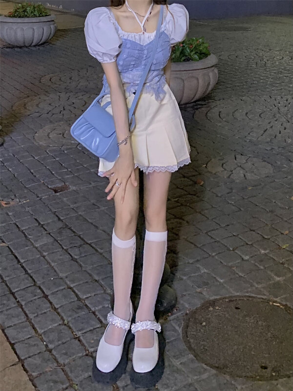 Korean Bubble Sleeve Shirt Vest Square Neck Top Lace Pleated Skirt Set