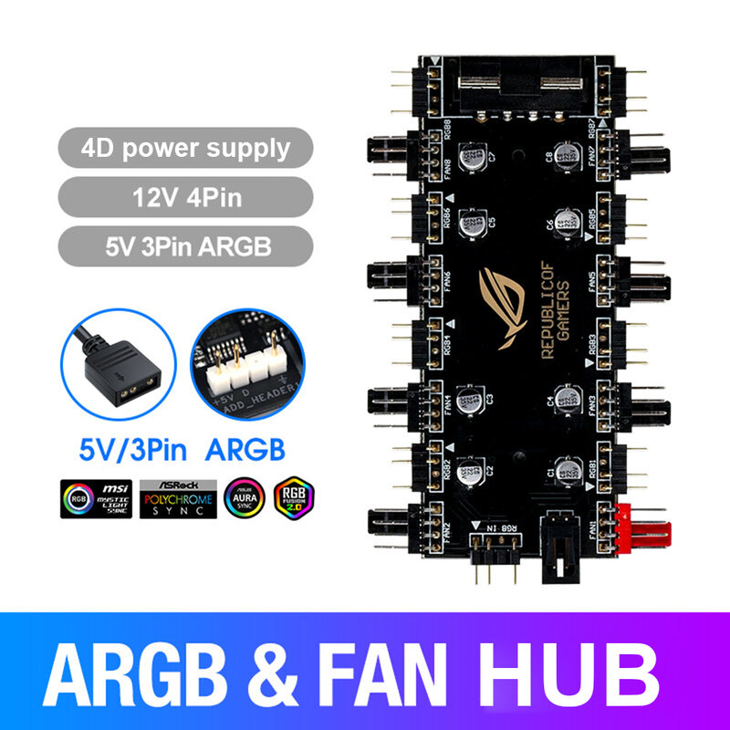 5 فولت/3 دبوس ARGB 4 دبوس مروحة PWM HUB 1 إلى 8 متعدد طريقة الخائن للكمبيوتر اللوحة LED قطاع ضوء التحكم محول مدعوم من SATA/4D