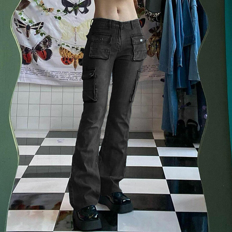 بنطلون جينز نسائي عالي الخصر بنطلون جينز Y2k مطاطي من قماش الدنيم ملابس عتيقة ملابس الجرونج الجرونج 2022