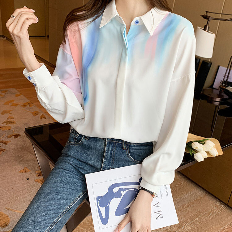 قوس قزح قميص للسيدات 2021 جديد مزاجه قميص المرأة الحبر طباعة عادية طويلة الأكمام قميص المرأة تصميم المرأة البلوزات