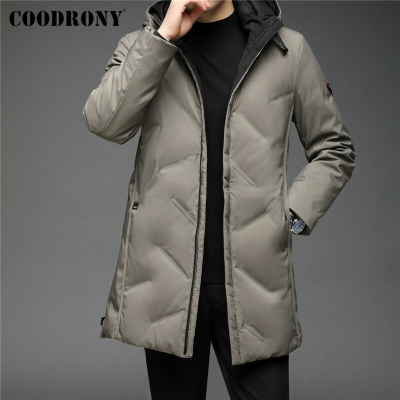 الشتاء الأبيض بطة أسفل سترة الرجال الموضة عادية مقنع معطف طويل جودة عالية سميكة الدافئة مصدات الرياح الذكور COODRONY الملابس C8149